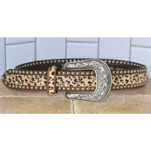 NOCONA Leather Belt Calf Hair Studded Embellishments Western Buckle Size S